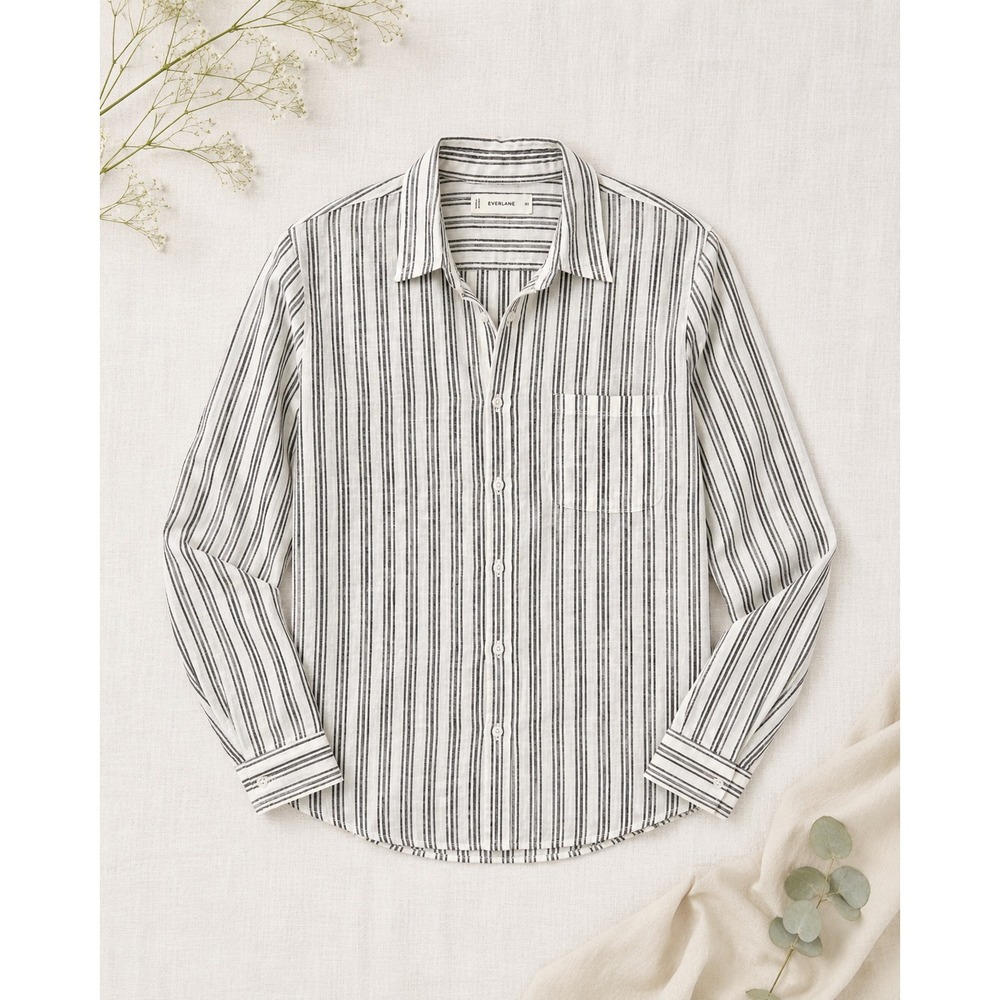 Everlane Linen Button Down Shirt Mens XS White Black Stripe Long Sleeve